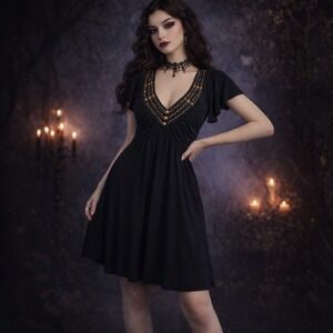 VTG Soprano Black Beaded Empire Waist‎ Dress Y2K Whimsygoth Gothic USA babydoll